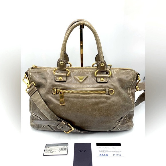 Auth PRADA Vitello Shine Bauletto Leather Tote Bag in Pomice Preloved Very Good - Picture 1 of 15